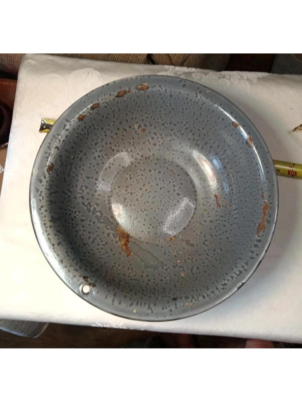 Antique Grey Speckled Enamelware Mixing Bowl Dishpan Cowboy Camp Decor
